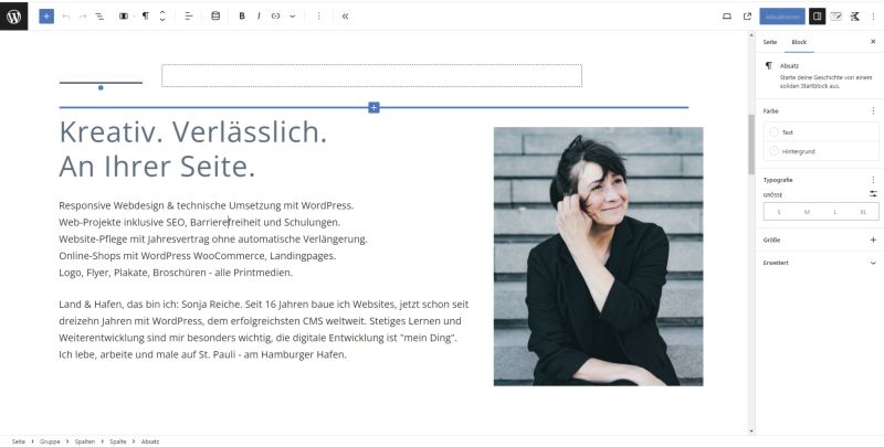 Screenshot des Webdesigns im Backends mit Gutenberg - barrierefrei