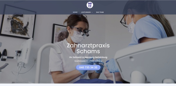Webdesign-Screenshot der Startseite von Zahnarztpraxis Schams